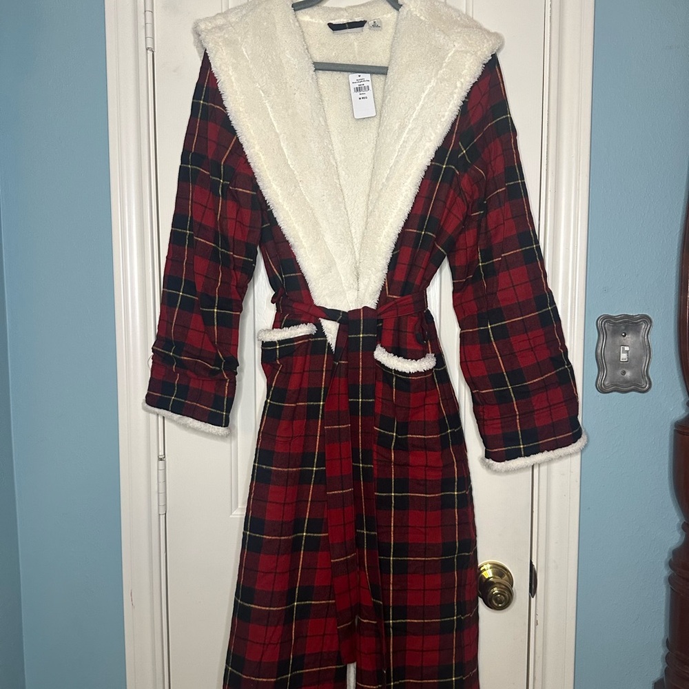NWT LL Bean Women's Scotch Plaid Flannel Robe Sherpa-Lined Long